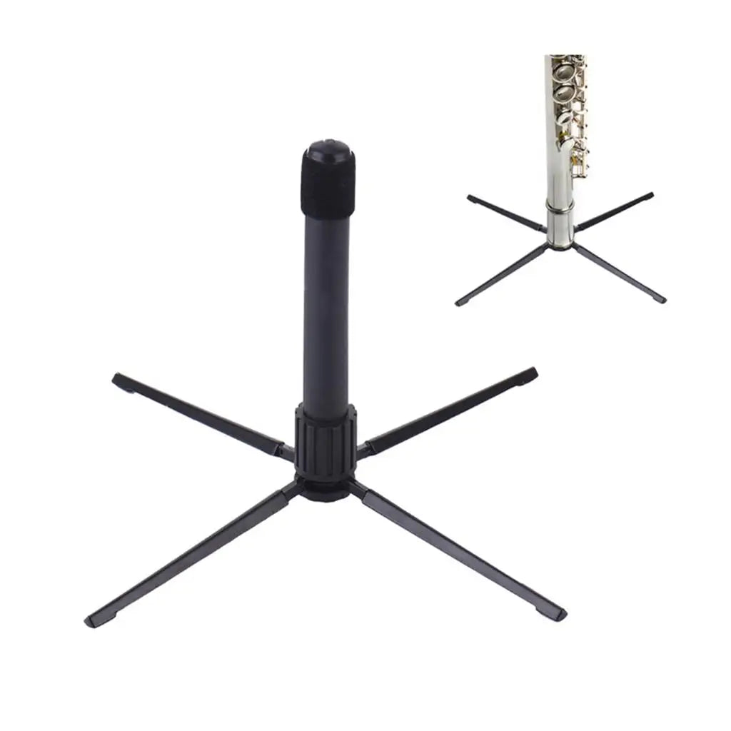 Black plastic foldable flute clarinet stand with four legs and central column for portable clarinet rest use