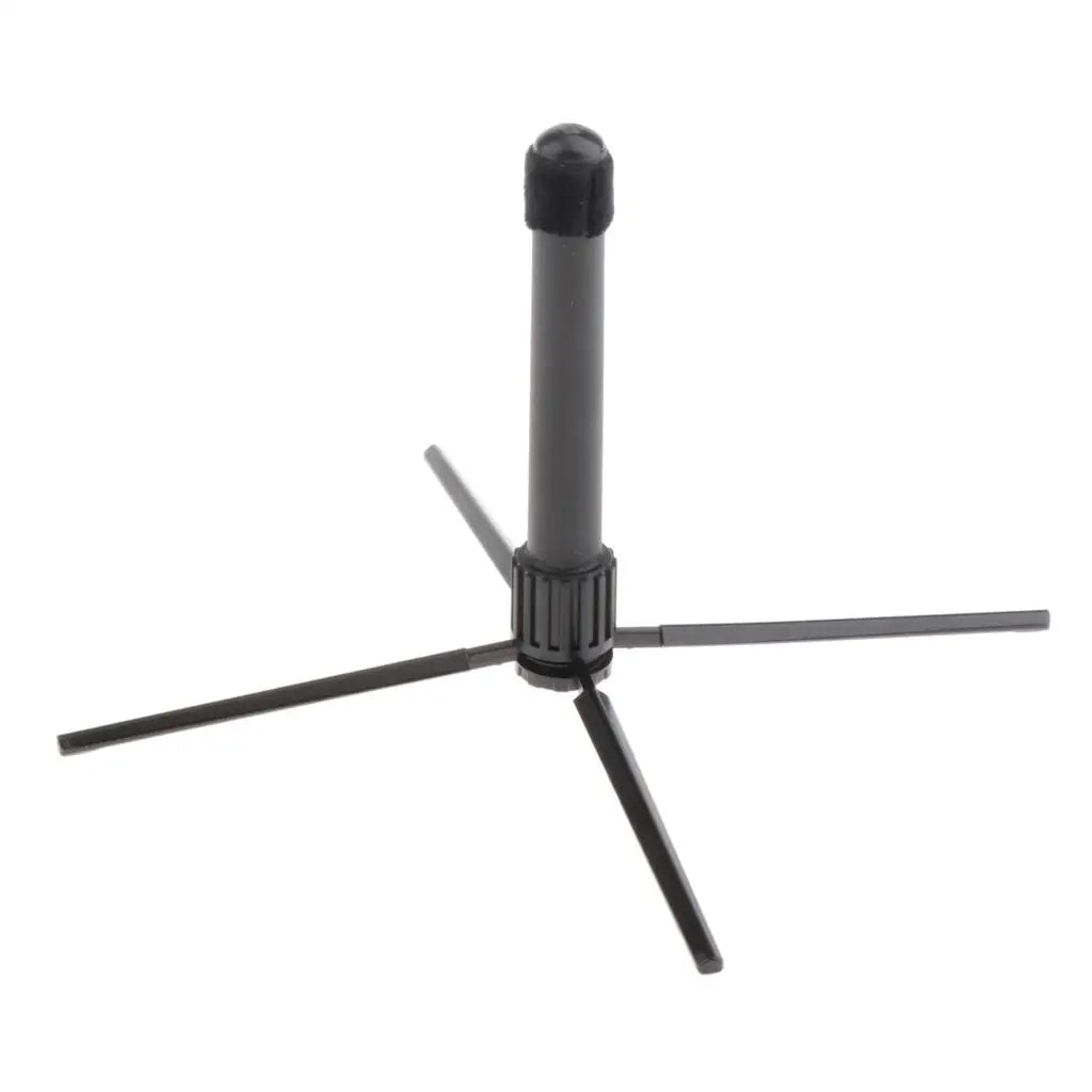 Black plastic foldable flute clarinet stand with three adjustable legs and central column for portable clarinet rest