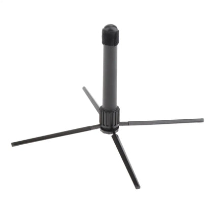 Black plastic foldable flute clarinet stand with three adjustable legs and central column for portable clarinet rest