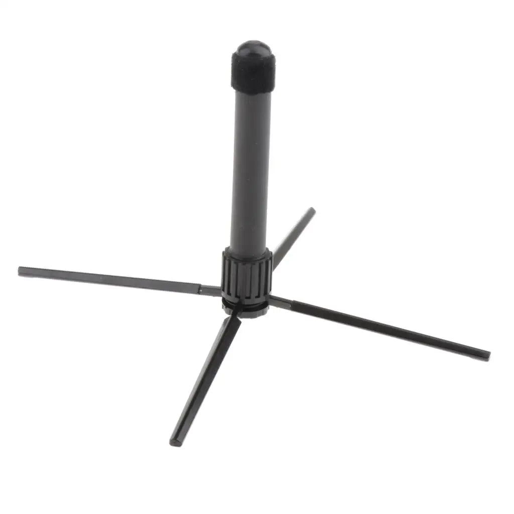 Black plastic foldable flute clarinet stand with adjustable height and four legs for stable portable clarinet rest support
