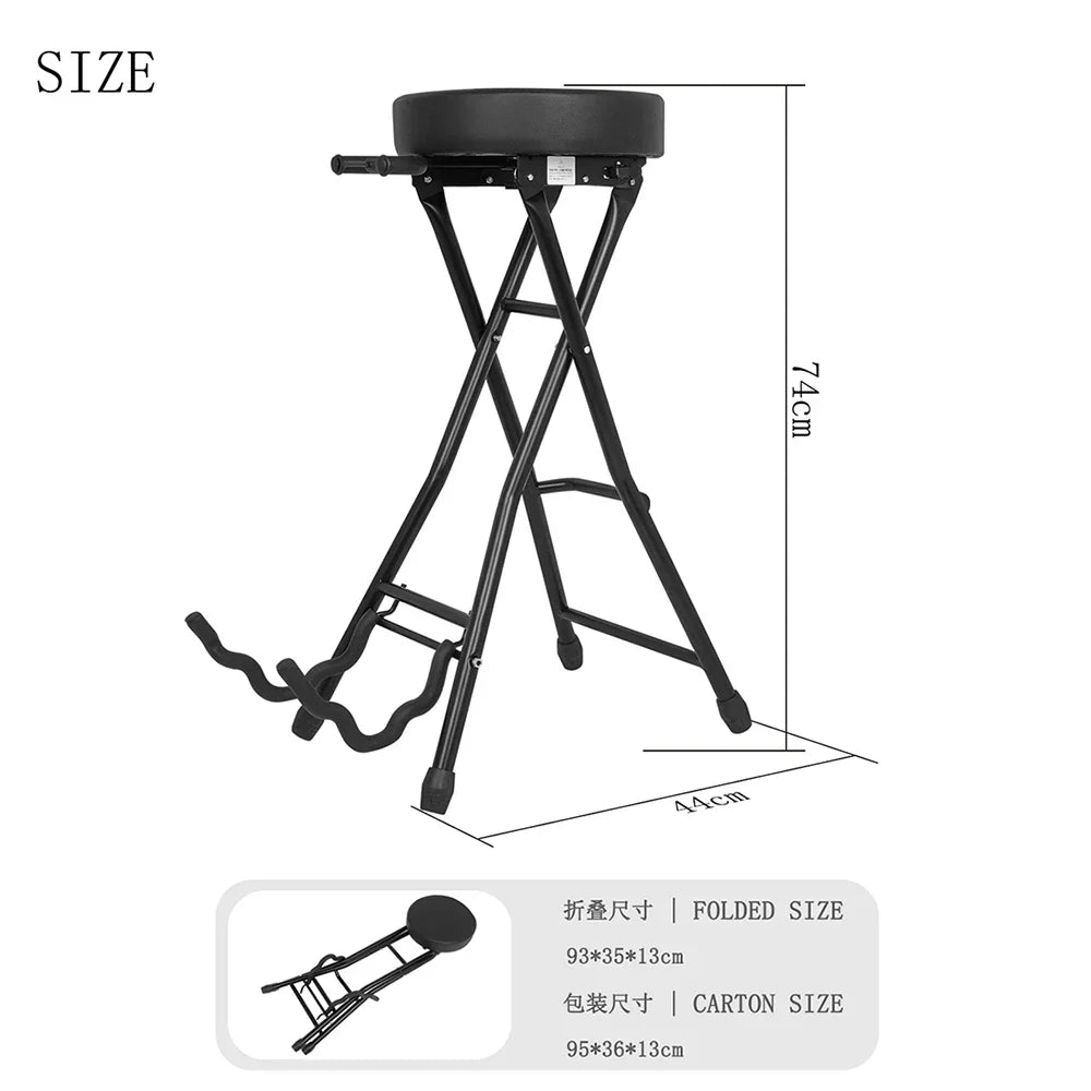 Black foldable guitar stand with padded seat and adjustable legs suitable for acoustic electric guitar and bass guitar parts
