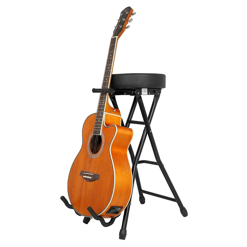A light brown acoustic electric guitar with black hardware resting on a foldable guitar stand with padded cushion
