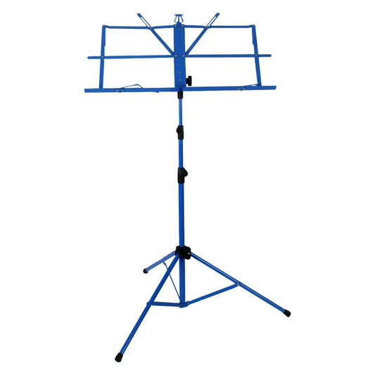 Blue foldable music sheet tripod stand with adjustable stainless steel holder and tripod base for musical instruments