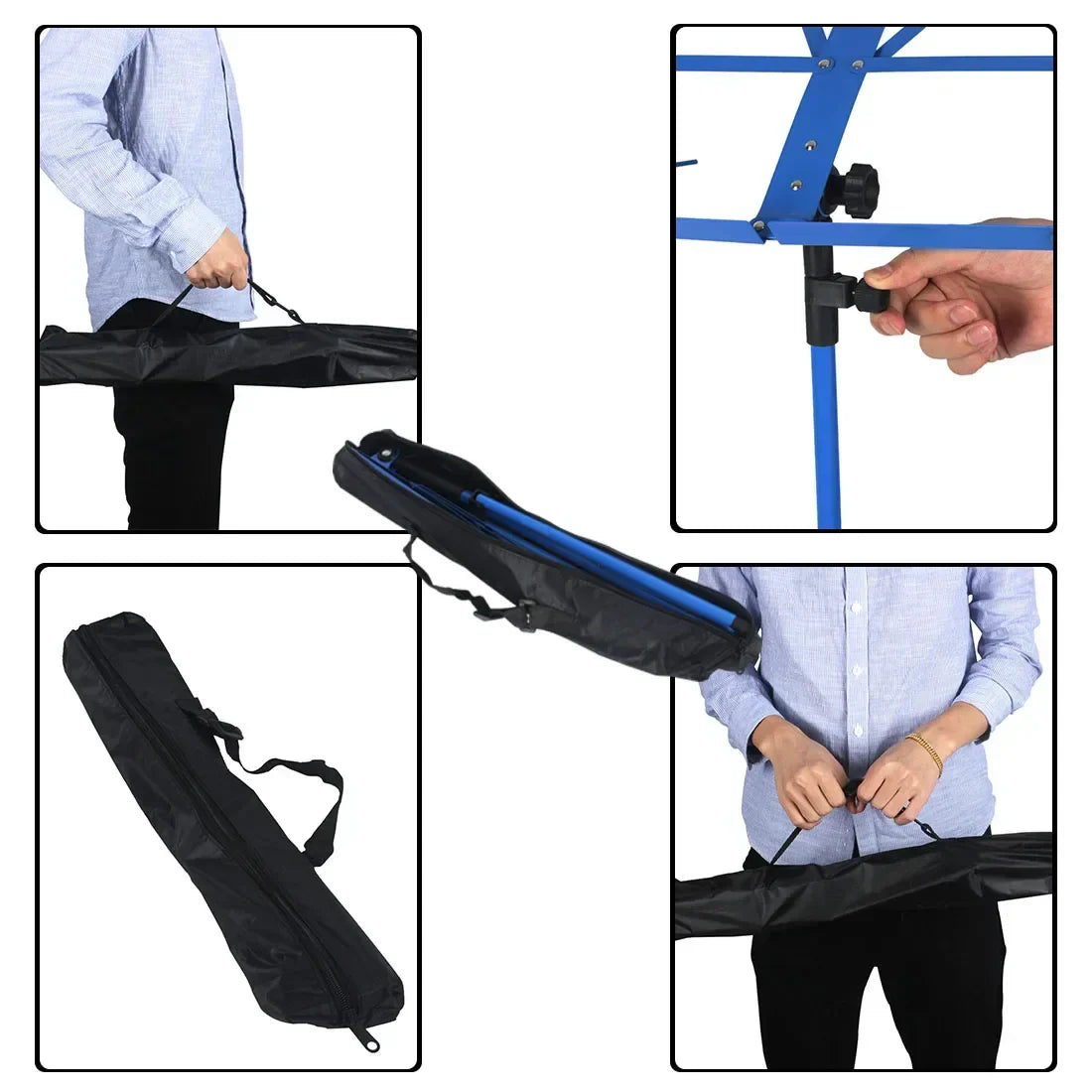 Blue foldable music sheet tripod stand with stainless steel adjustable holder and black carrying case for musicians