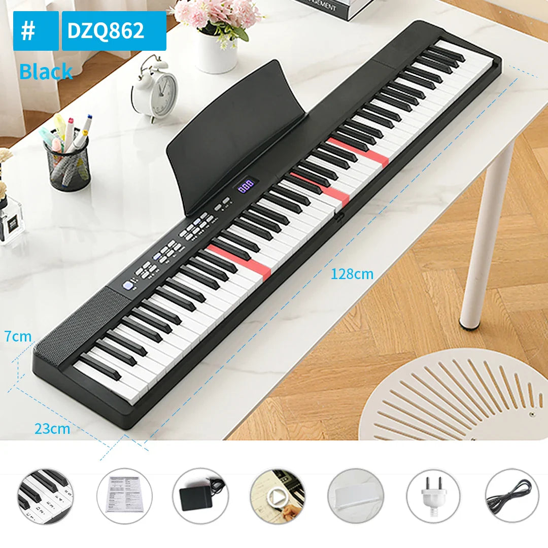 Black foldable musical keyboard with 88 keys, red accents, digital display, and built-in stand professional midi controller piano music synthesizer