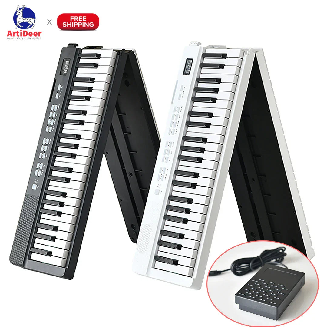 Black and white foldable musical keyboard with matching foot pedal professional midi controller piano music synthesizer