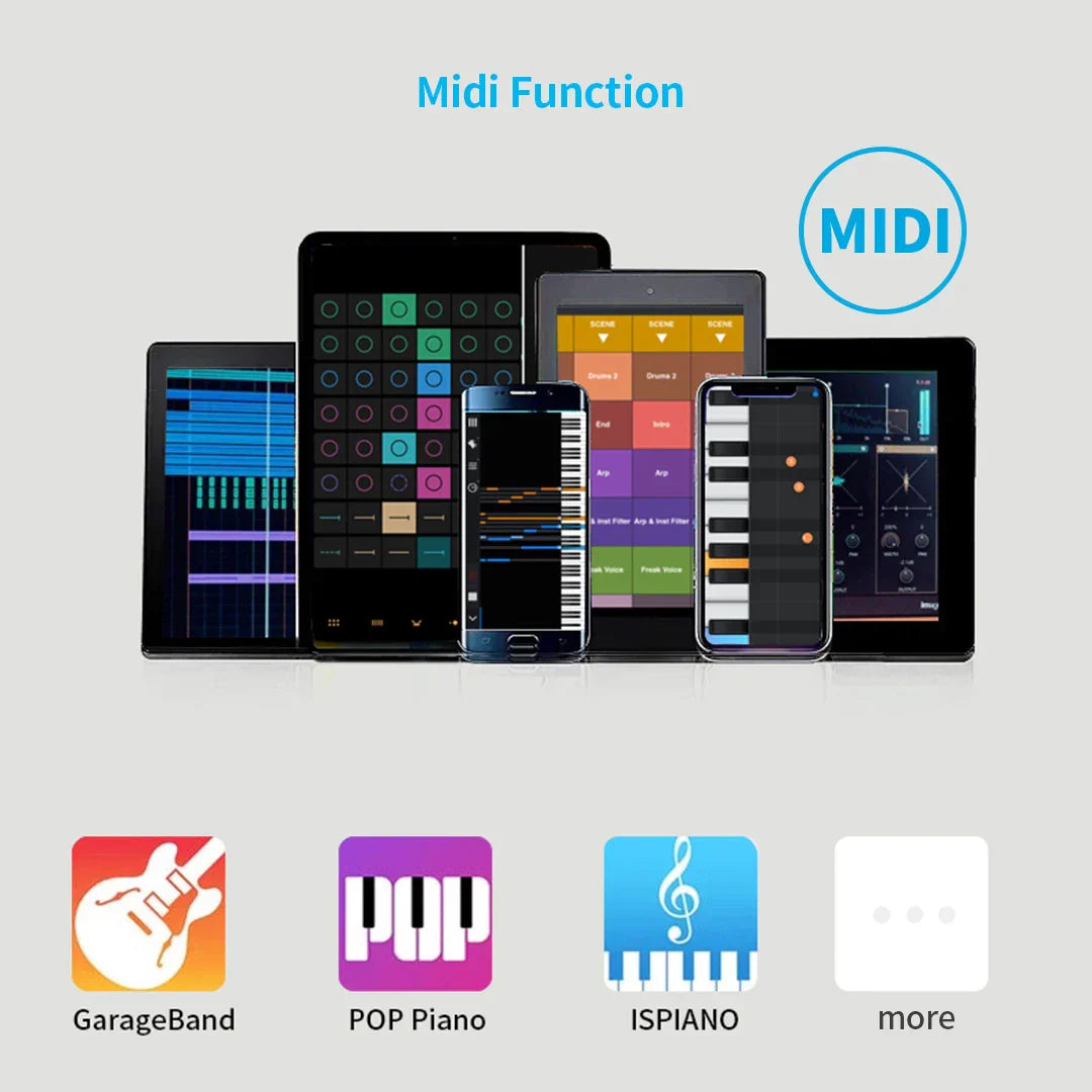 A sleek black foldable musical keyboard displayed as a piano music synthesizer on a smartphone with music apps