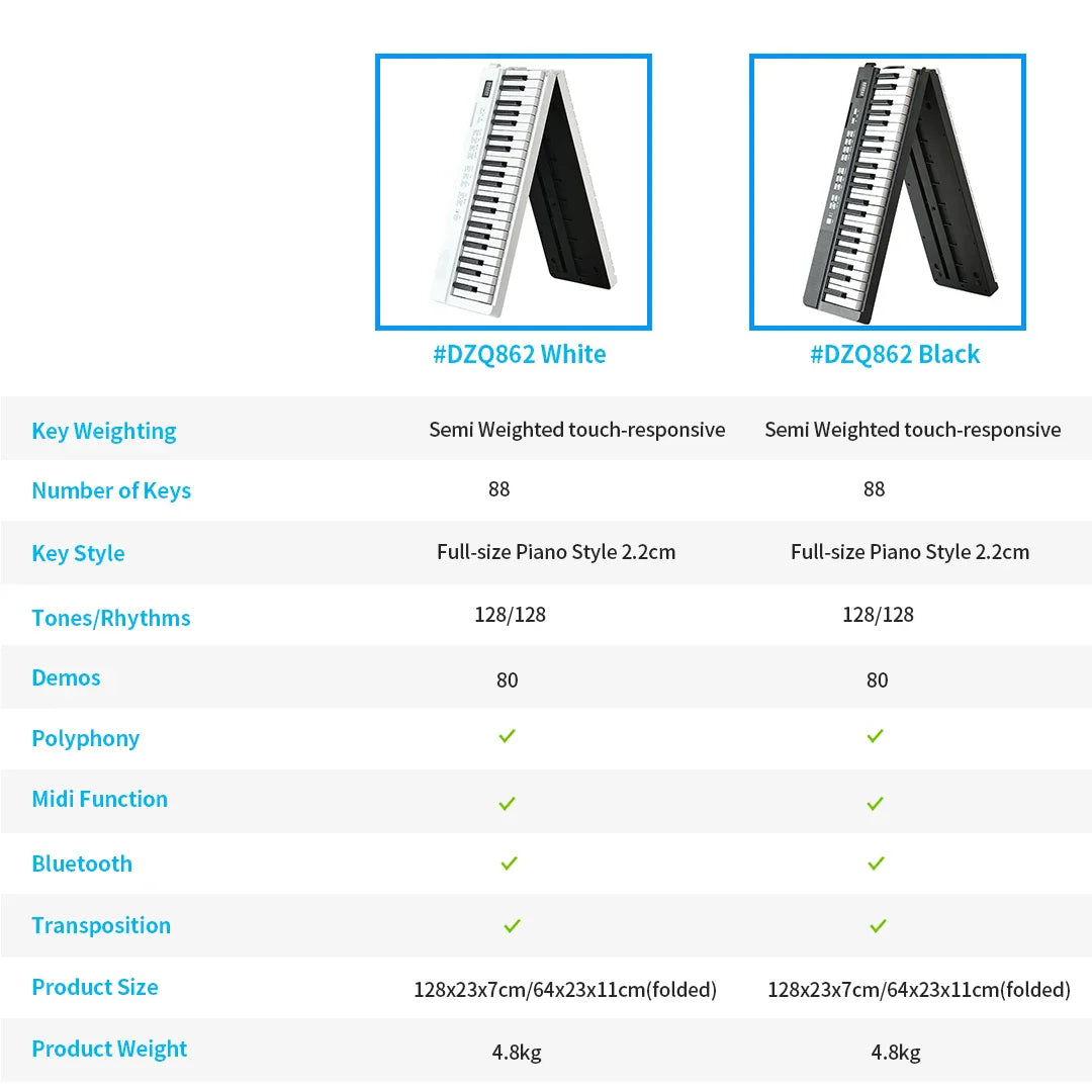 White foldable musical keyboard with 88 semi-weighted piano keys designed as a professional midi controller and piano music synthesizer