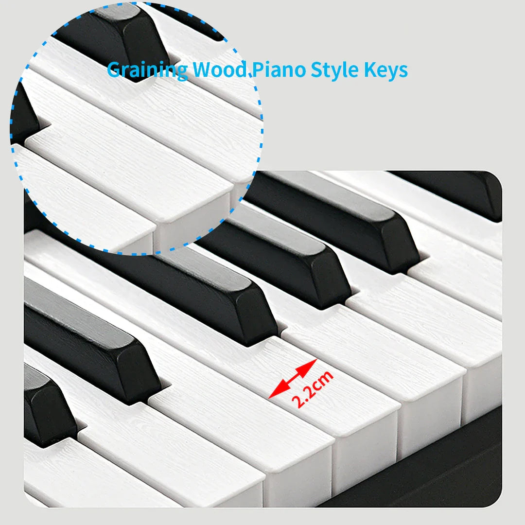 White and black piano-style keys with wood grain finish on foldable musical keyboard professional midi controller