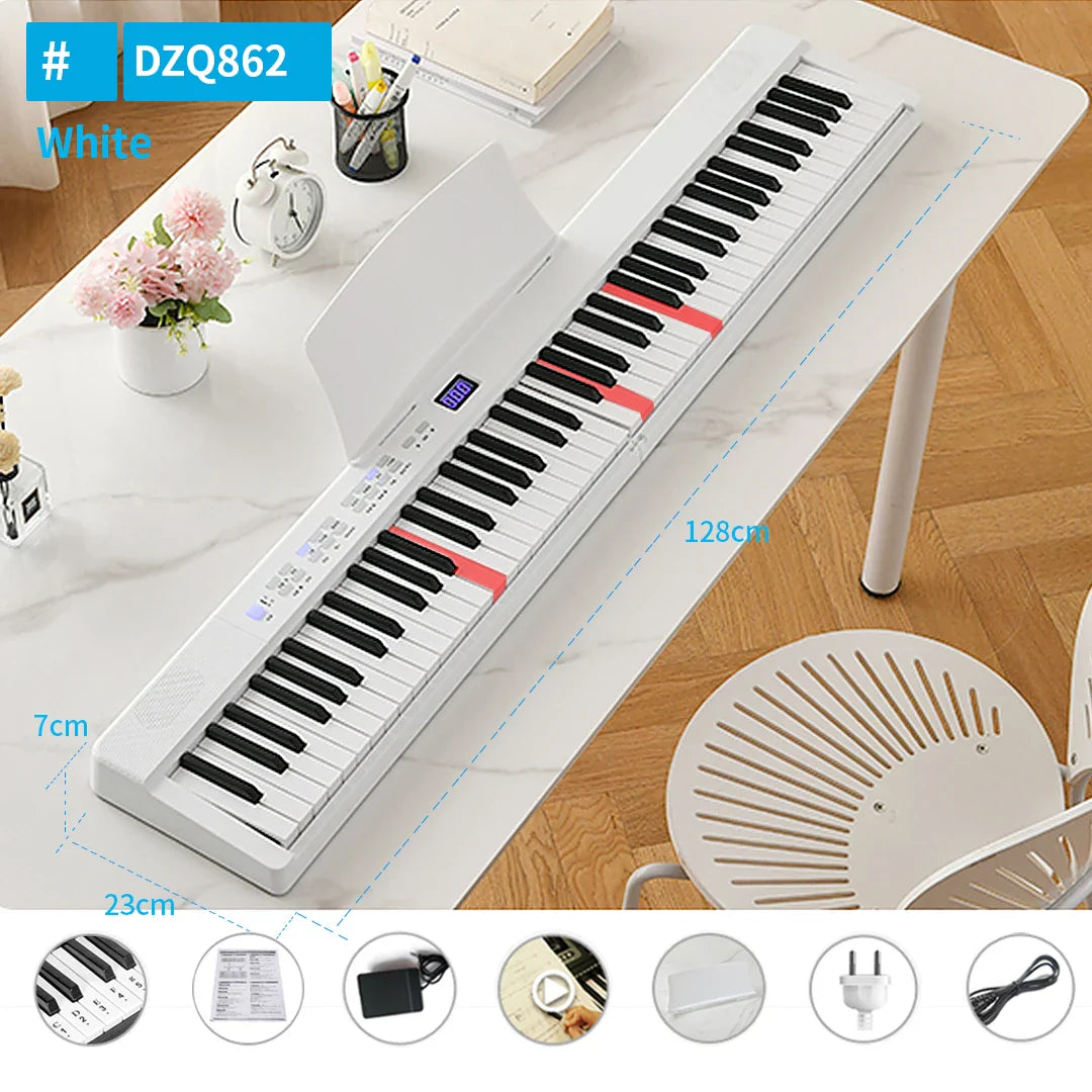 White dzq862 foldable musical keyboard with 88 black and white keys and red accents professional midi controller piano music synthesizer