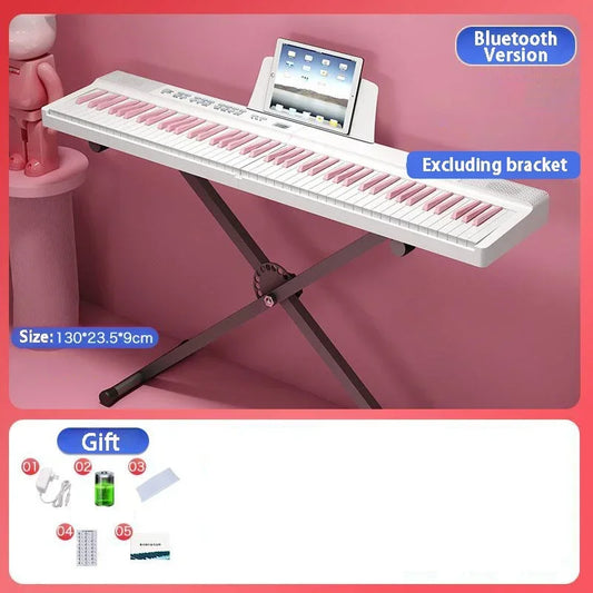 White midi bluetooth adult foldable piano with pink keys and built-in tablet stand for electric organ professional use