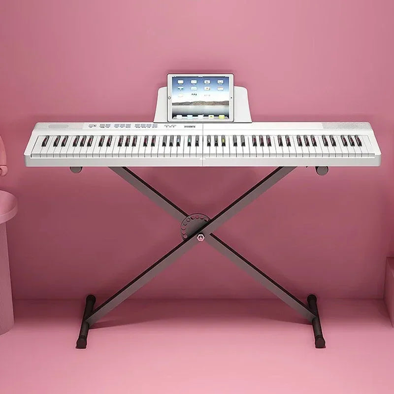 White foldable piano 88 keys midi bluetooth adult electric organ professional keyboard on gray metal stand