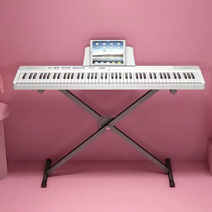 White foldable piano 88 keys midi bluetooth adult electric organ professional keyboard on gray metal stand
