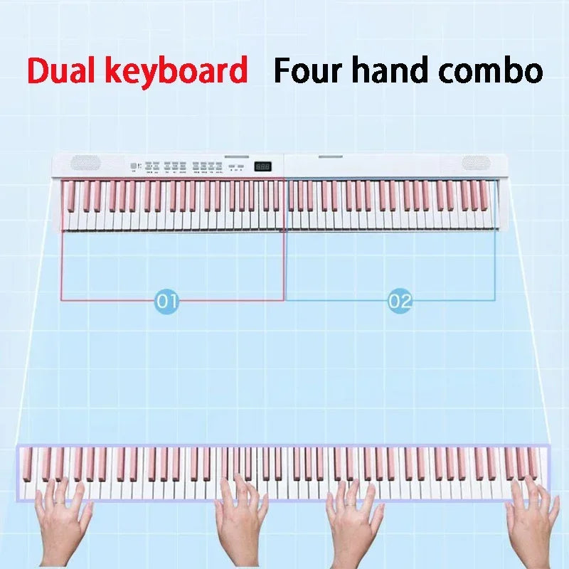 White dual keyboard foldable piano with pink and white keys for midi bluetooth adult electric organ professional use