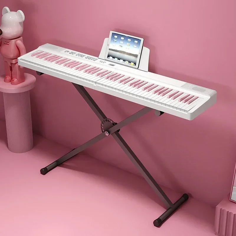 White foldable piano with 88 pink keys and built-in tablet stand midi bluetooth adult electric organ professional keyboard