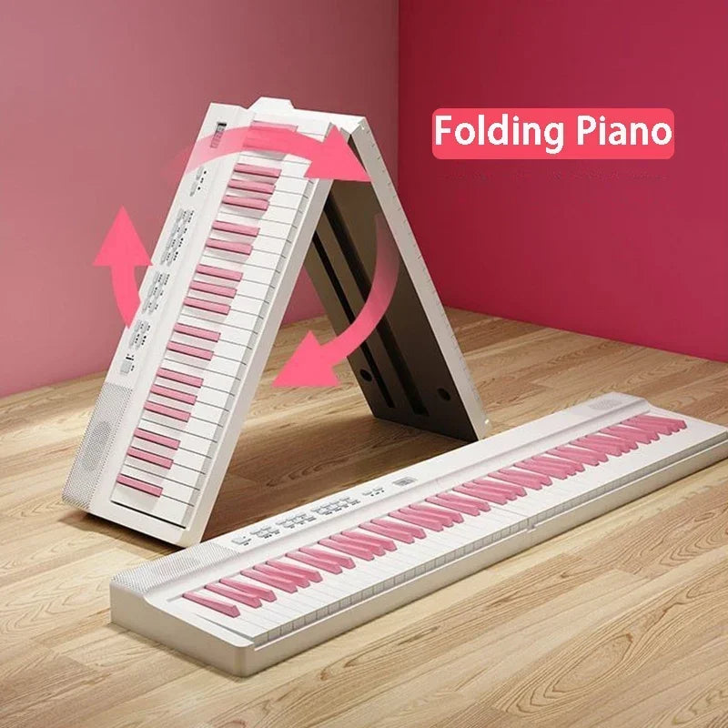 White foldable piano with 88 pink keys featuring compact portable design for midi bluetooth adult and electric organ professional use