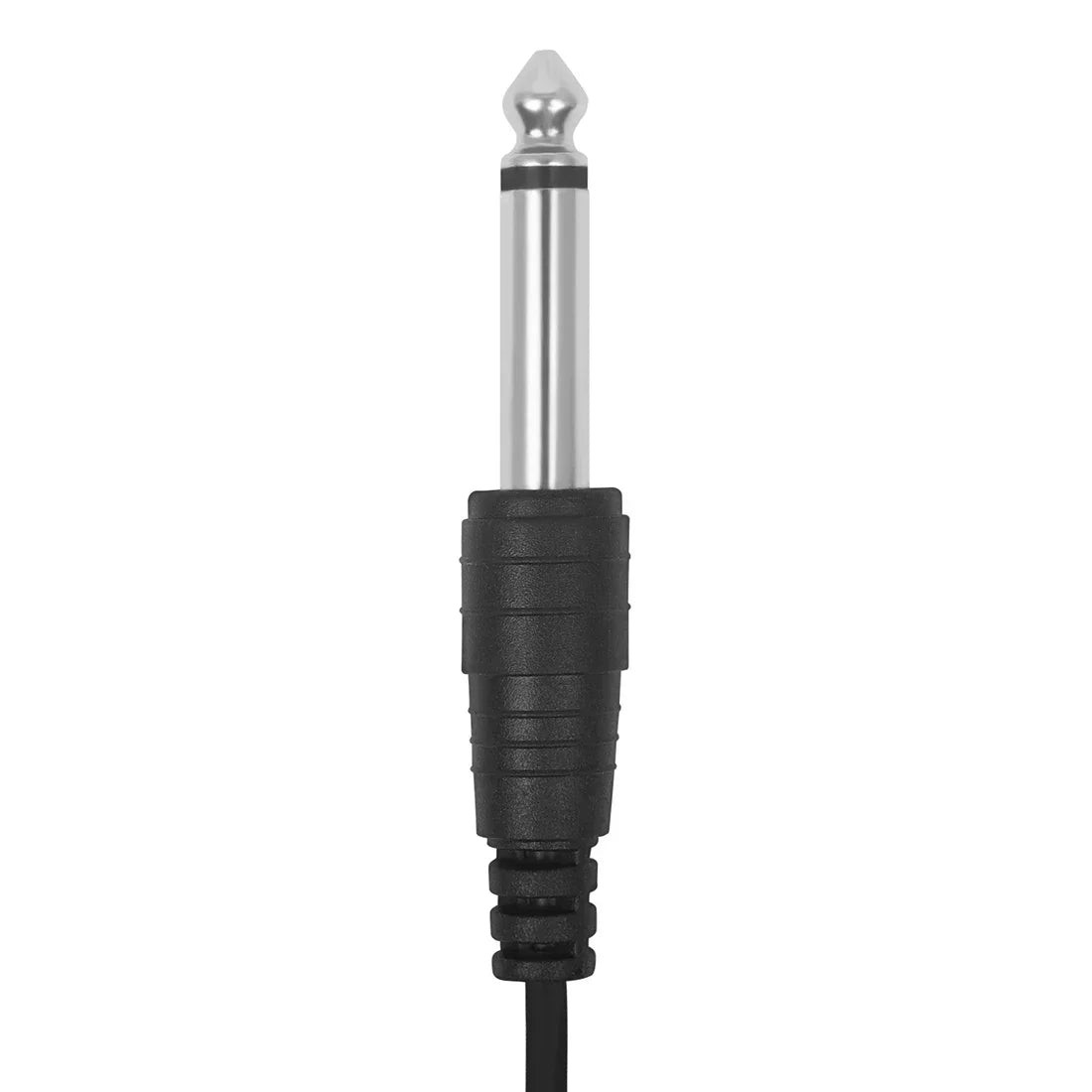 Silver-plated 6.35mm audio jack with black rubber grip and ridges for secure handling in sustain universal pedal use