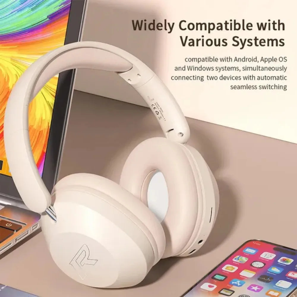 Cream-colored foldable wireless bluetooth over ear sports headphones with soft earcups and high power stereo sound