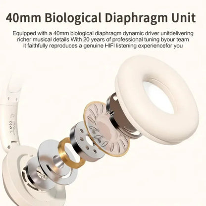 White 40mm biological diaphragm unit with metallic gold-toned components in foldable wireless bluetooth ear sports headphones