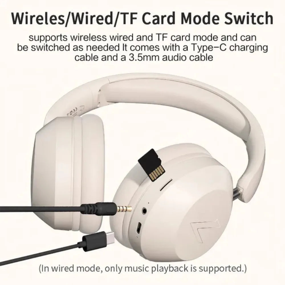White foldable wireless bluetooth over ear sports headphones with high power stereo sound and type c charging cable