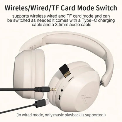 White foldable wireless bluetooth over ear sports headphones with high power stereo sound and type c charging cable