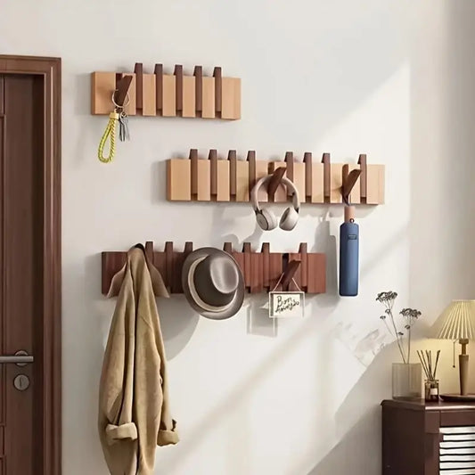 Foldable wooden wall-mounted piano-key design hook stand with dark brown handles for scarves towels coats storage