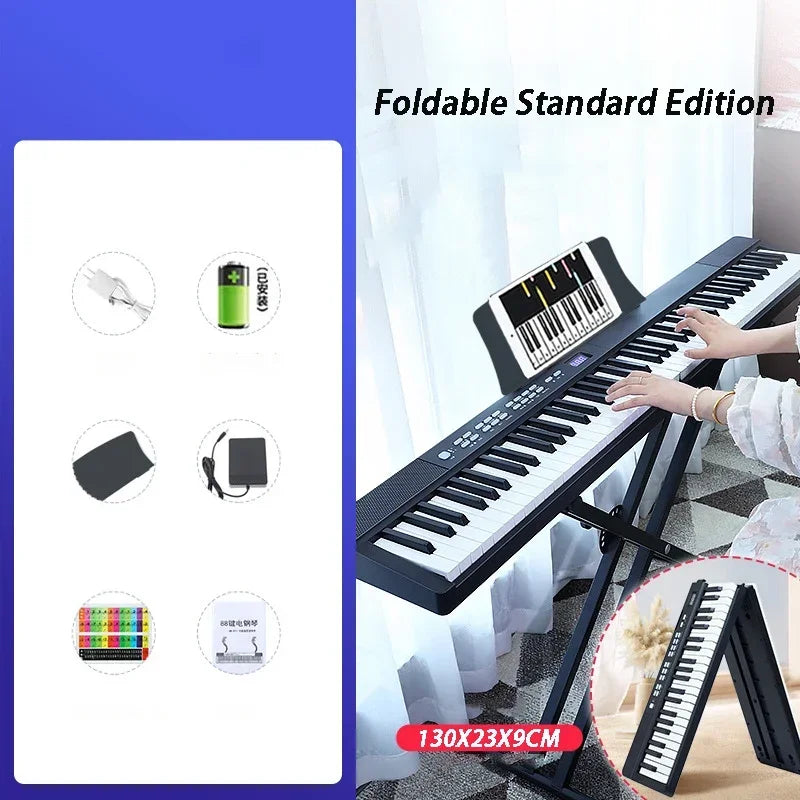 Black foldable adult electronic piano with 88 white and black keys on a stand professional midi bluetooth keyboard portable organ