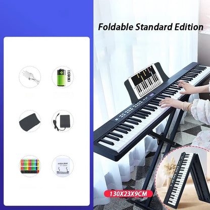 Black foldable adult electronic piano with 88 white and black keys on a stand professional midi bluetooth keyboard portable organ