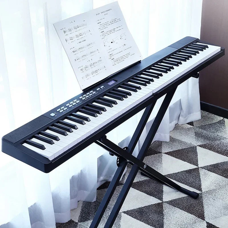 Black adult electronic piano with 88 keys and professional midi bluetooth on matching black stand portable organ keyboard