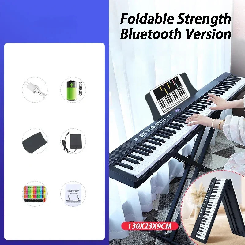 Black foldable keyboard portable organ with white keys and built-in display for professional midi bluetooth adult electronic piano