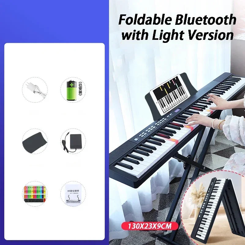 Black foldable bluetooth keyboard with white and black keys designed as a professional midi bluetooth adult electronic piano portable organ