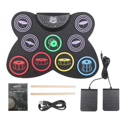 Black inflatable electronic midi drum kit with colorful silicon pads for portable roll-up drum practice and performance