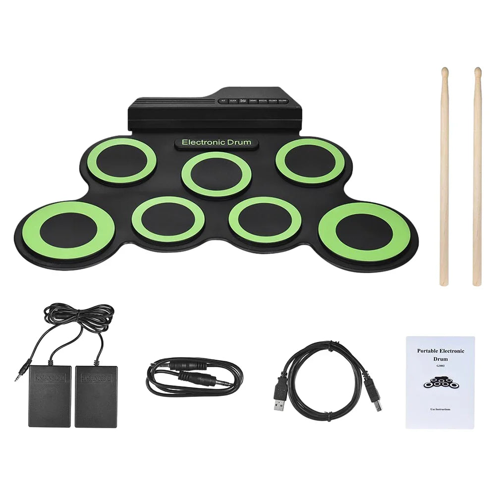 Black and lime green folding midi drum kit with 7 silicon pads and wooden sticks for roll-up drum practice
