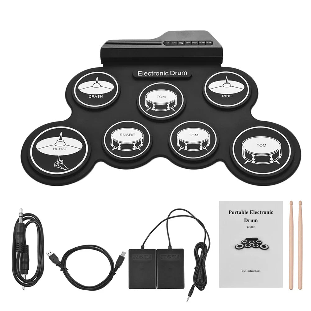 Black folding electronic silicon drum kit with six labeled pads for roll-up drum practice and midi drum kit use