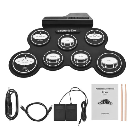 Black folding electronic silicon drum kit with six labeled pads for roll-up drum practice and midi drum kit use