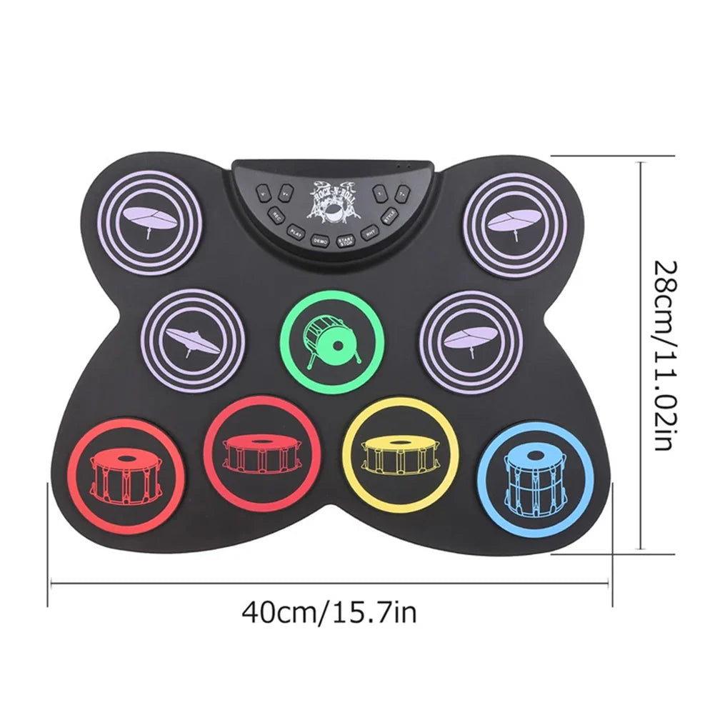 Black flexible silicon midi drum kit with colorful pads for roll-up drum practice and portable use