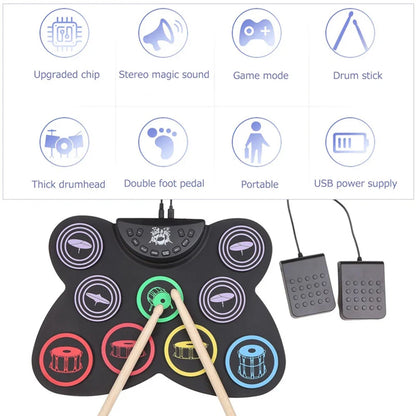 Black inflatable midi drum kit with colorful silicone pads and wooden drumsticks for roll-up drum practice kit