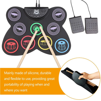 Black silicone folding midi drum kit with colorful pads and foot pedals for roll-up drum practice and portable use