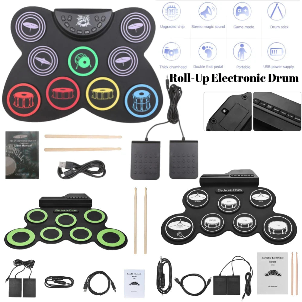 Black roll-up midi drum kit with colorful silicone pads portable folding electronic drum practice set with usb sustain pedal