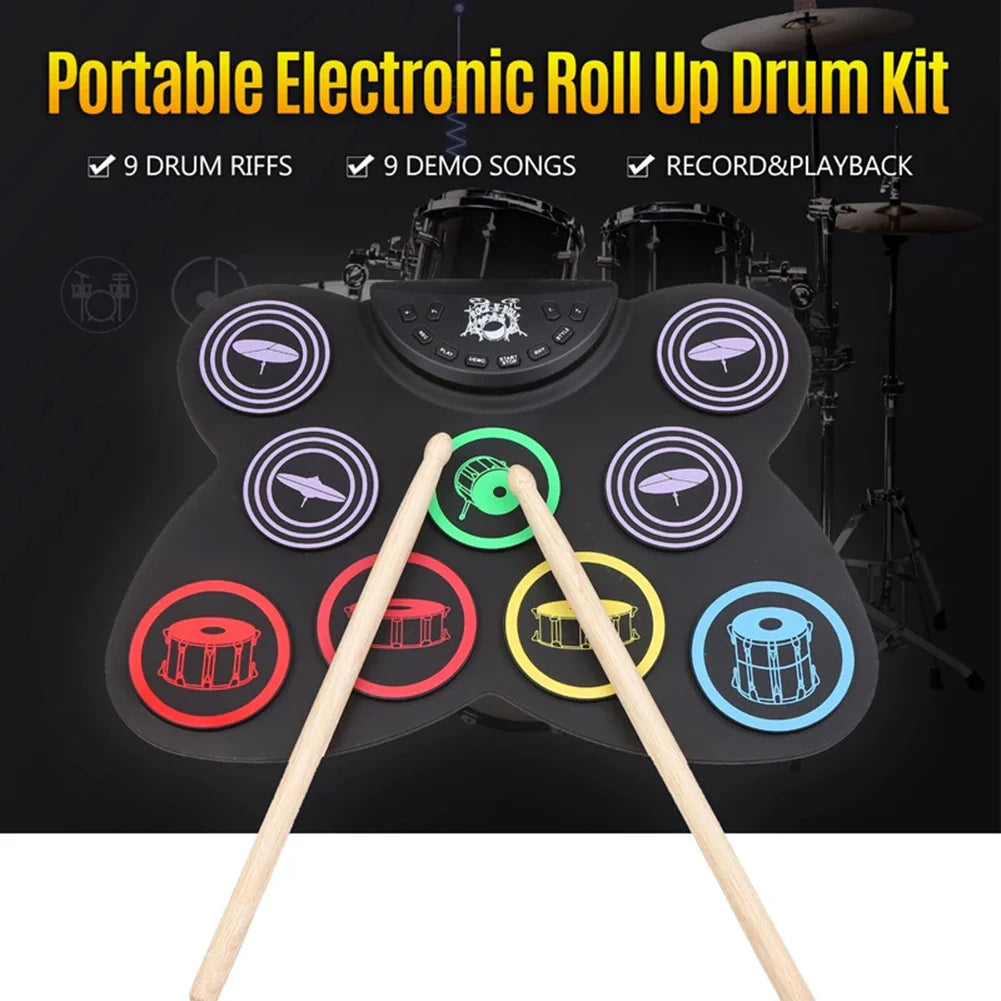 Black portable roll-up electronic midi drum kit with colorful silicone pads for roll-up drum practice and USB connection
