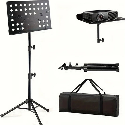 Black metal folding music stand with adjustable height tripod base portable for instruments stretchable includes storage bag