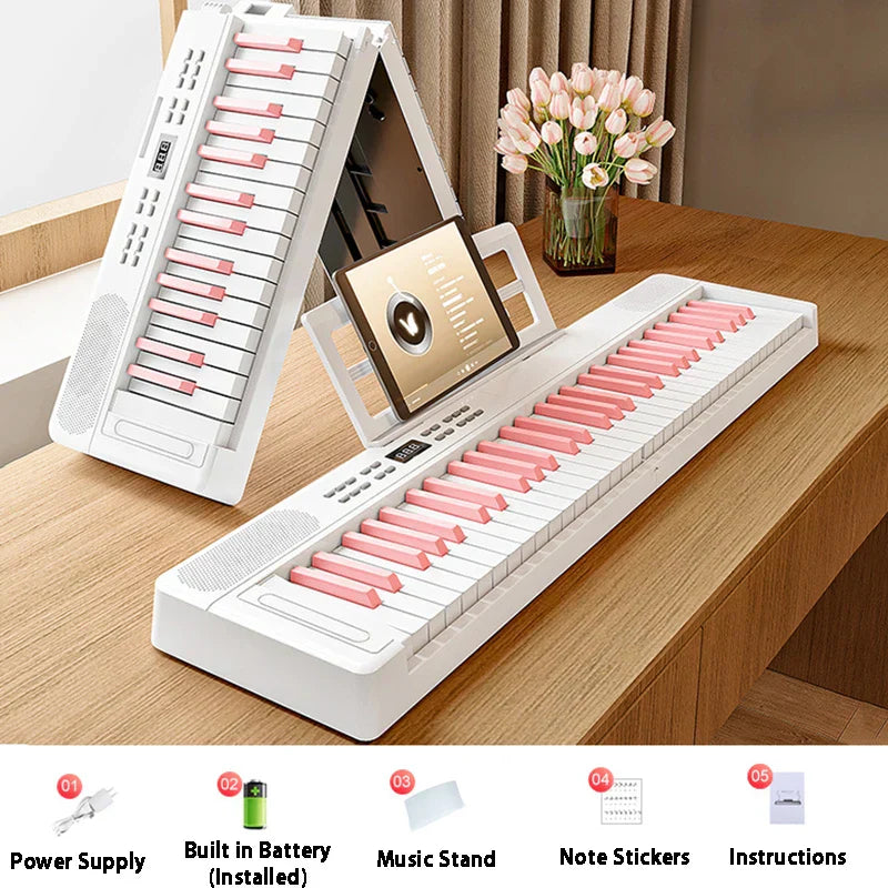 White and pink foldable electronic piano portable with 61 keys and built-in music stand for keyboard beginners midi use