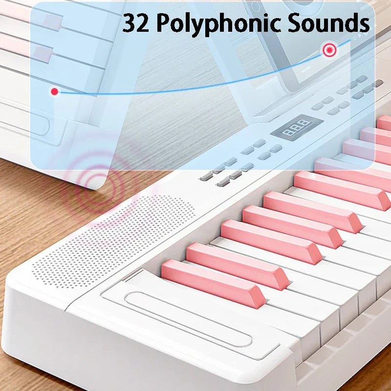 A compact white electronic piano portable with pink and white keys, digital display, and speaker grille for keyboard beginners midi