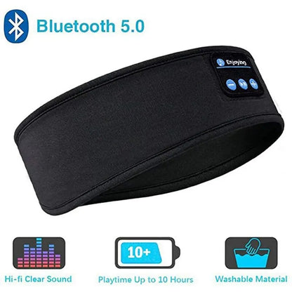 Black fone bluetooth earphones sports sleeping headband with soft fabric and blue illuminated control panel for music playback