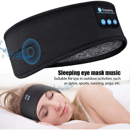 Black fabric sports sleeping headband with built-in bluetooth speaker and control buttons for music eye mask use