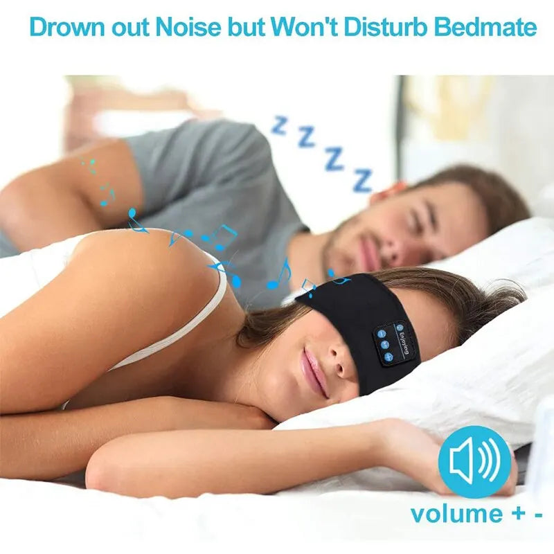 Black sports sleeping headband with built-in bluetooth speaker and control buttons in music eye mask design