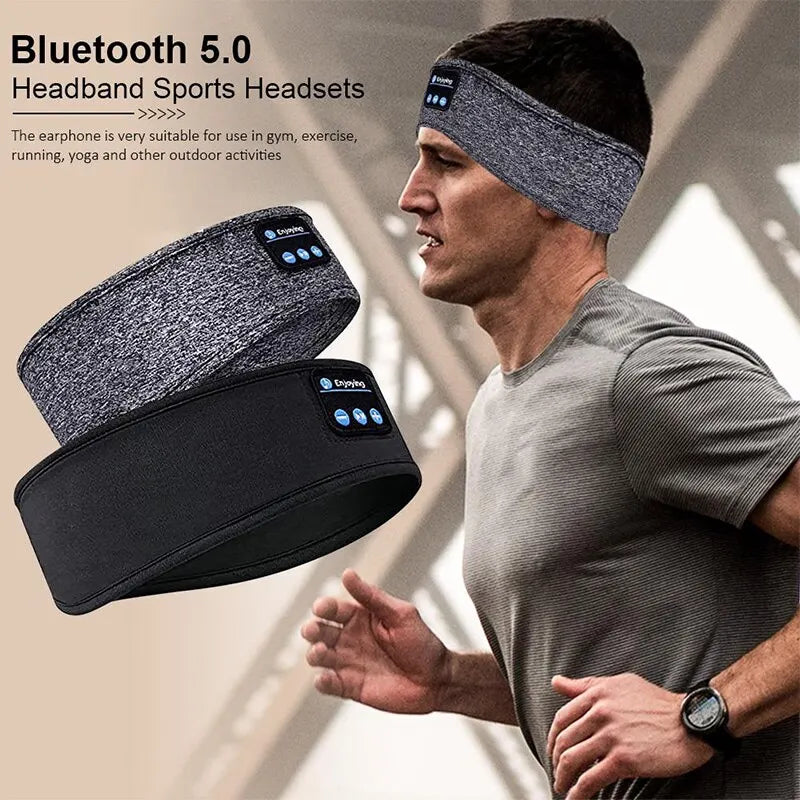 Gray and black fone bluetooth earphones sports sleeping headband with fabric straps and control buttons for music and exercise