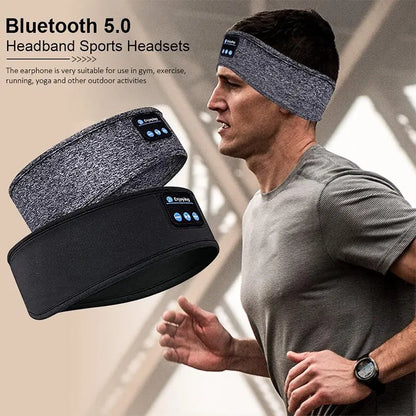 Gray and black fone bluetooth earphones sports sleeping headband with fabric straps and control buttons for music and exercise