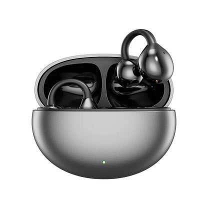 Black wireless bone conduction headphones clip with sleek finish and curved hooks inside matte sports gaming earphone case