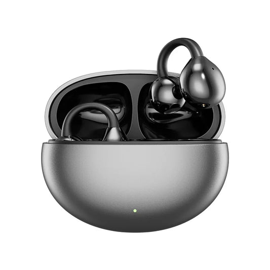 Black wireless bone conduction headphones clip with sleek finish and curved hooks inside matte sports gaming earphone case